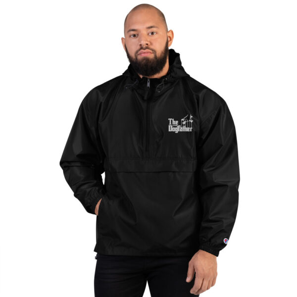 The Dogfather Jacket - Black / White logo - Embroidered Champion Packable Unisex Weatherproofjacket - Image 2