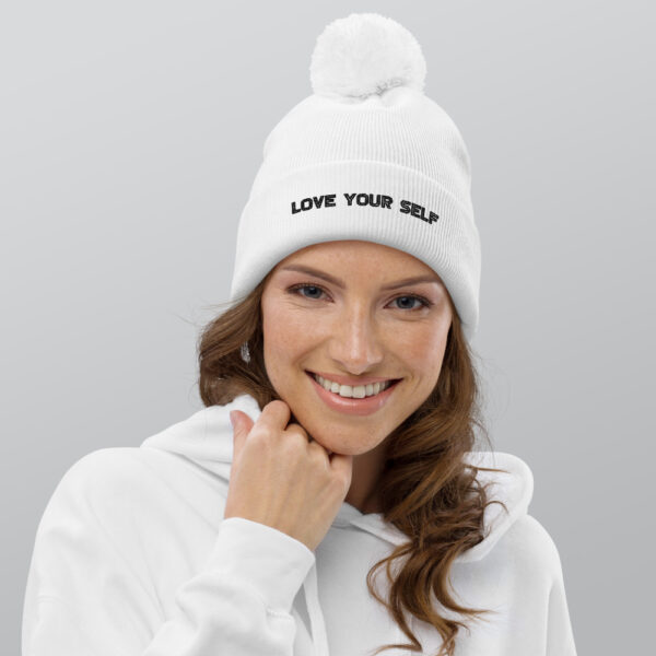 White/Black Logo - Pom pom beanie - Love Your Self - Image 2